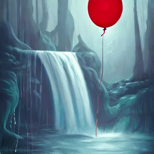 Prompt: grunge painting of a waterfall with a wide smile and a red balloon by simon stålenhag, loony toons style, pennywise style, corpse bride style, creepy lighting, horror theme, detailed, elegant, intricate, conceptual, volumetric light