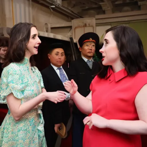 Image similar to close up shot of alison brie engaging peace talks with kim jong un at the slough corn exchange. photography, photographic