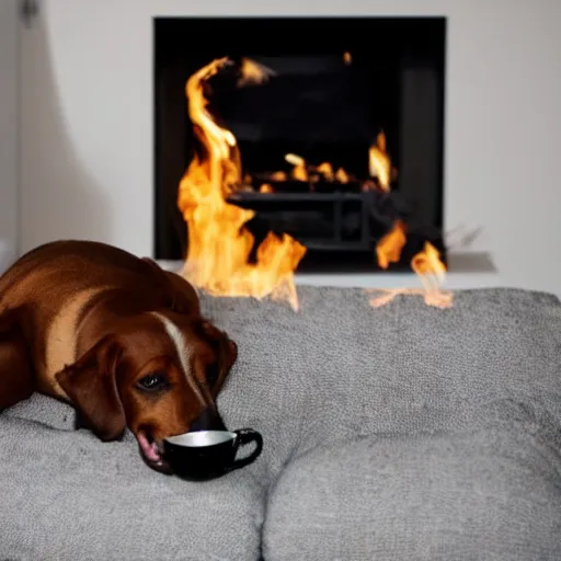 Image similar to a photo of a dog sipping tea in a living room that ’ s on fire