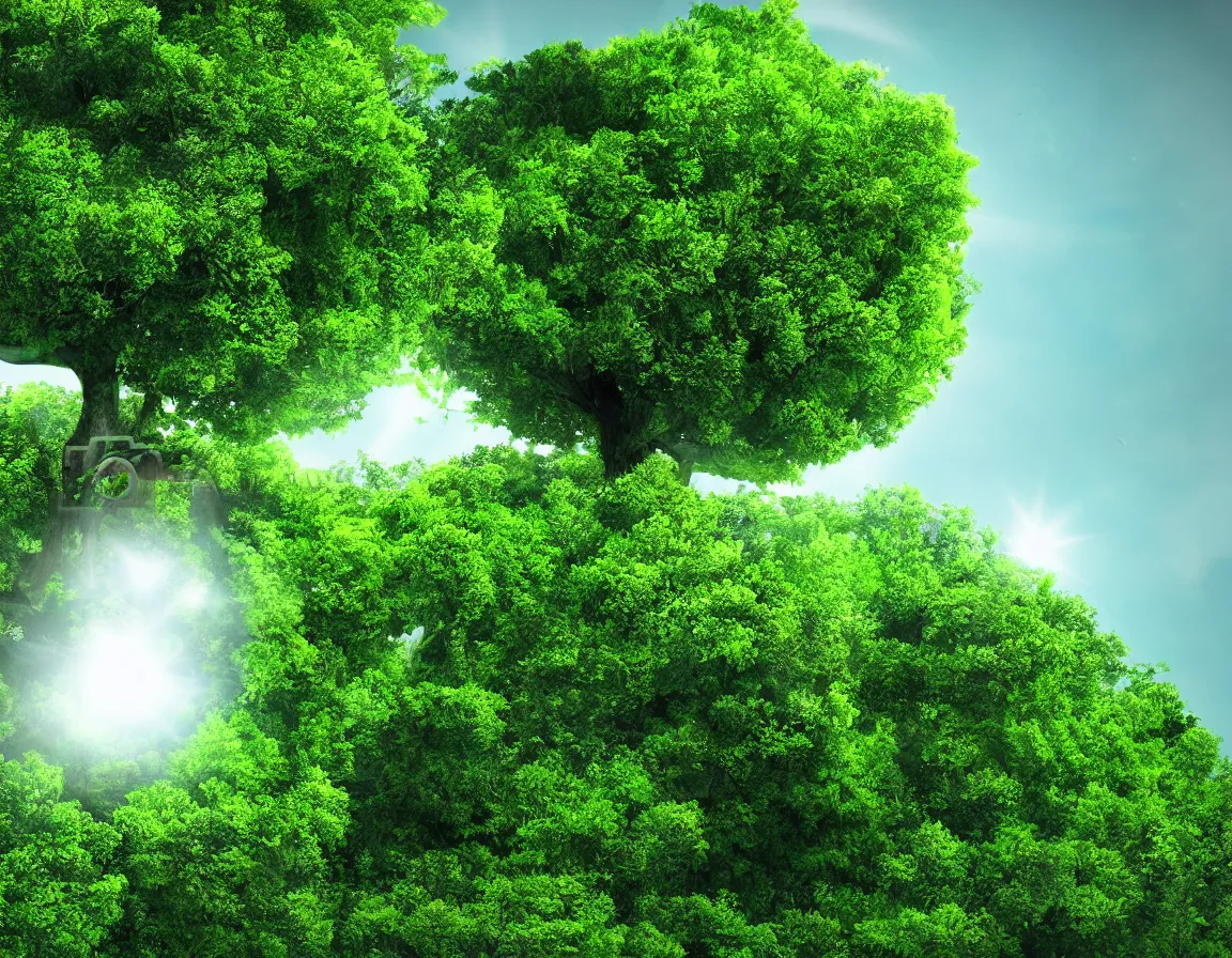 Image similar to hyper realistic 3 d rendering of little green planet with tree, hd, hdr, ultra detailed, high resolution