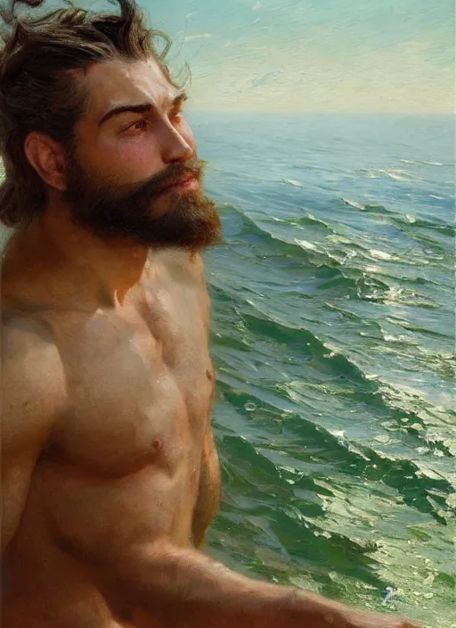 Image similar to detailed cinematic wide shot of muscular attractive young spanish man beard slim face symettrical face clean skin green eyes white hair wearing sea clothes, ultra realistic, spring light, painting by gaston bussiere, craig mullins, j. c. leyendecker