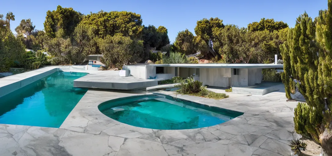 Image similar to midcentury house made of pentelic marble, designed by ictinus and callicrates. neptune pool in backyard. built in 1 9 5 9 in santa monica. owned by hollywood executive
