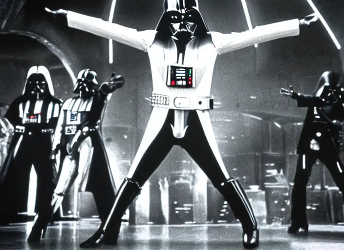 Image similar to film still of Darth Vader dancing as Tony Manero in Staying Alive 1983,