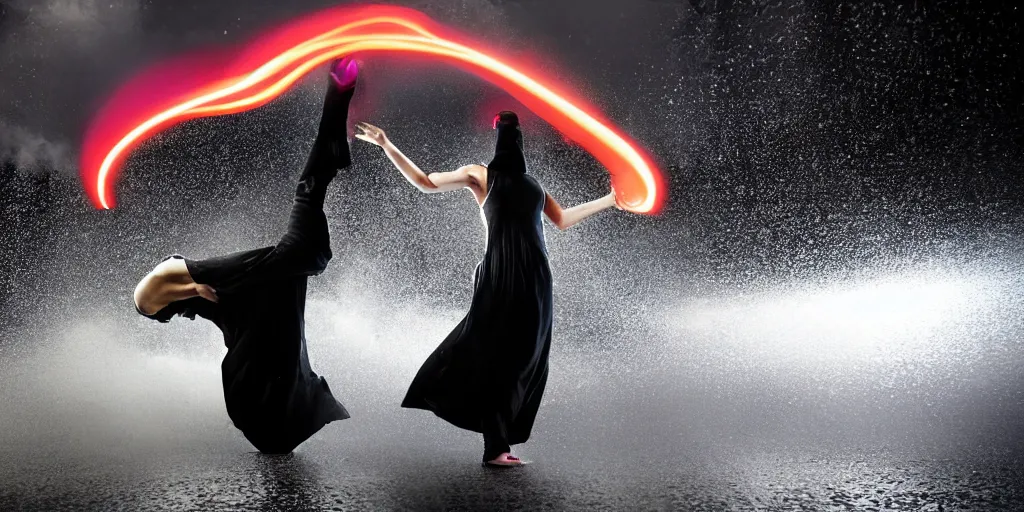 Image similar to fisheye lens slow motion with long trail effect of sci-fi break dancer wearing floating long dress with neon lights, long exposure shot , at night in the middle of a rainy wet street, paddle of water, steam, fog, water splashes, rim lights, glossy reflections, water droplets on lens, octane render, dark and dramatic, fire explosions in the background, detailed and soft, fisheye lens, smooth, sharp focus, illustration, art by artgerm and greg rutkowski and Giger, graphic glitches, vhs recording