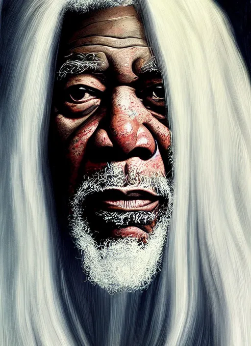 Prompt: portrait of morgan freeman as evil saurman the white, long white hair and white beard, long white robes, by alan lee, lord of the rings, smooth, oil painting, matte painting, concept art, trending on artstation, promotional artwork, film still, elegant, photorealistic facial features, intricate, detailed face, cinematic lighting