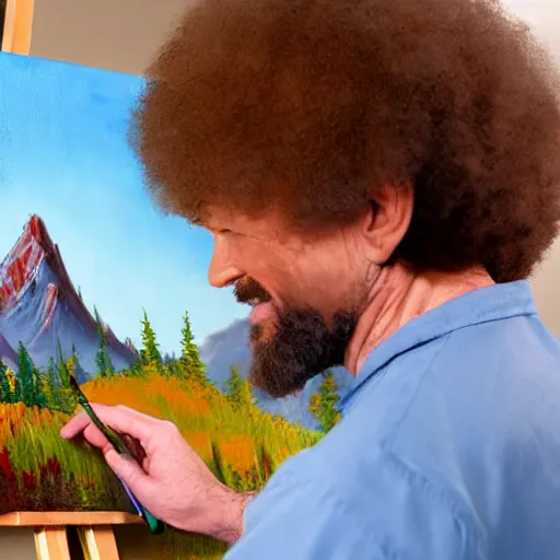 Prompt: a closeup photorealistic photograph of bob ross working on a brilliant canvas painting of iron man. mountain scape. film still, vibrant colors. this 4 k hd image is trending on artstation, featured on behance, well - rendered, extra crisp, features intricate detail, epic composition and the style of unreal engine.