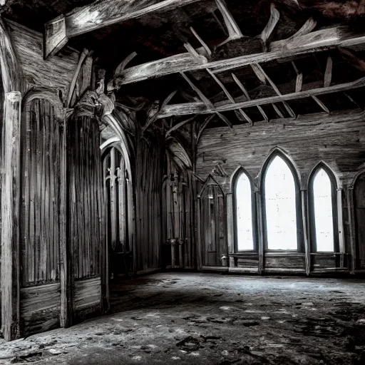 Prompt: shot of a monstruous creature inside of an old wooden church, louisiana, southern gothic,