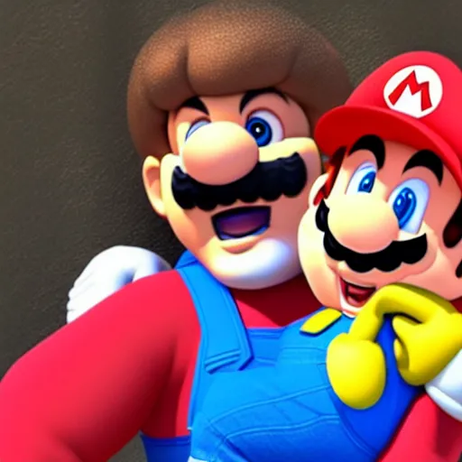 Image similar to super mario smiling while holding a screaming crying kid in his arms