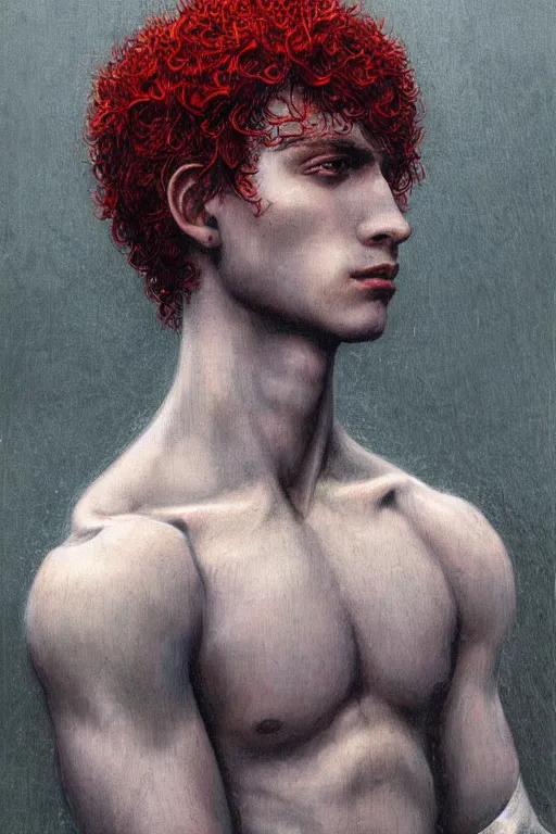 Image similar to portrait of beautiful gothic young man, thunderstorm, cyber armor, a lot of scars, more and more flowers, red head, the middle ages, highly detailed, artstation, illustration, art by jean delville, 8 k quality, art by greg gandy