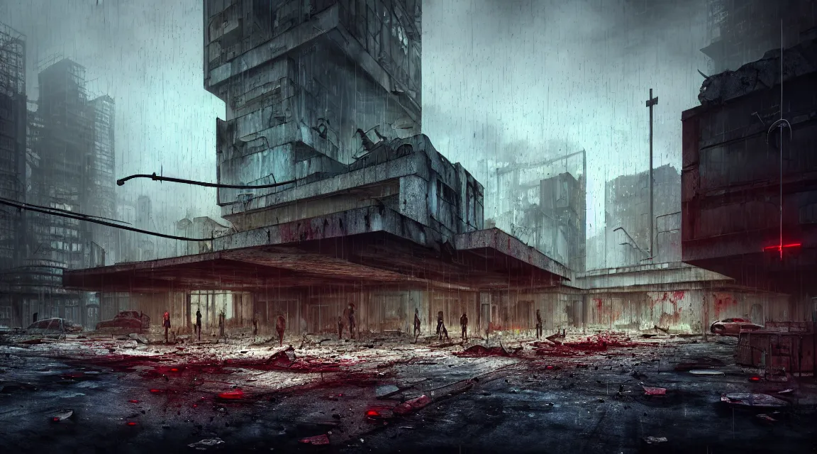 Image similar to post apocalyptic city building, raining, building, avenue, modern contemporary urban americana concrete architecture, by pascal blanche, neil blevins, apocalyptic color palette, trending on artstation, photorealistic, neon ambiance, ultra detailed, high definition, depth of field, bokeh, rubble, wild vegetation, blood stains, building crumbling, post - apocalyptic warriors