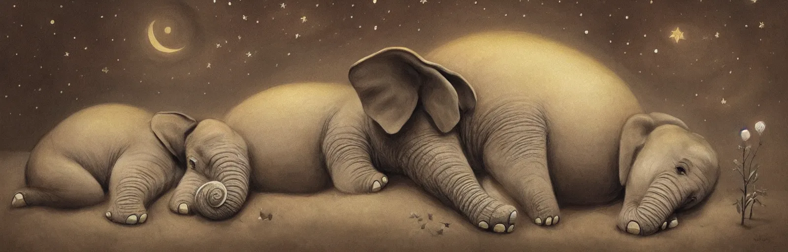 Image similar to a baby elephant sleeping soundly under a starry sky surrounded by savannah, illustration, detailed, smooth, soft, warm, by Adolf Lachman, Shaun Tan, Surrealism