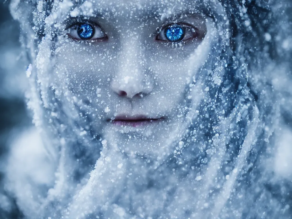 Prompt: the piercing blue eyed stare of yuki onna, freezing blue skin, mountain blizzard and snow, canon eos r 6, bokeh, outline glow, asymmetric unnatural beauty, blue skin, centered, rule of thirds