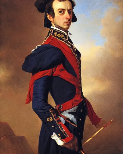 Image similar to portrait of cute brown cat with serious expression wearing 1 8 th century royal guard uniform in navy blue and red, joseph ducreux, greg rutkowski