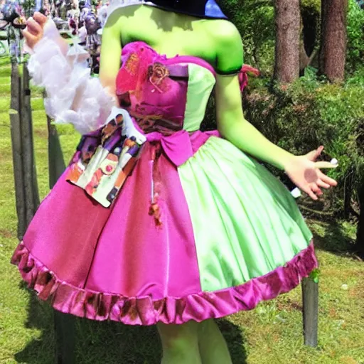 Image similar to A shrek-themed lolita dress; modern japanese fashion