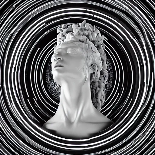 Prompt: a 3 d neon circle around the head of a renaissance statue, planetary ring, 3 d render, black background, ray tracing, 8 k resolution, sharp focus, very detailed, hyper realistic