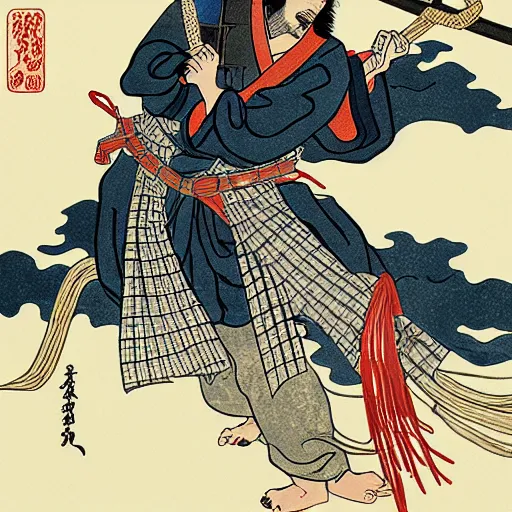 Image similar to by hokusai, samurai man vagabond, the samurai holds chains, detailed, editorial illustration, matte print, concept art, ink style, sketch, digital 2 d