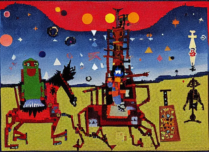 Image similar to pixel decollage painting tarot lovers card composition tower of babel road red armor maggot bear and wonky alien frog skeleton knight on a horse in a dark red cloudy night sky with golden foil jewish stars and diamonds, mountain lake and blossoming field in background, painted by Mark Rothko, Helen Frankenthaler, Danny Fox and Hilma af Klint, pixelated, neo expressionism, semi naive, pastel colors, cinematic, color field painting, cave painting, voxel, pop art look, outsider art, minimalistic. Bill Traylor painting, part by Philip Guston, Amano and Francis Bacon. art by Adrian Ghenie and Storm Thorgerson, very coherent symmetrical artwork, cinematic, hyper realism, high detail, octane render, unreal engine, Smooth gradients, depth of field, full body character drawing, extremely detailed, 8k, extreme detail, intricate detail, masterpiece