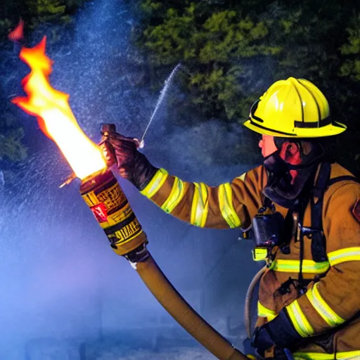 Image similar to photo of a firefighter using a flamethrower projecting a long flame. award-winning, highly-detailed