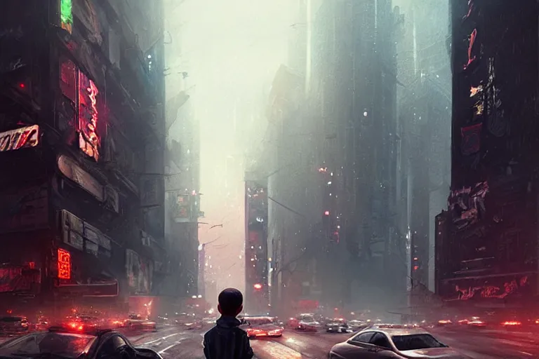 Prompt: beautiful matte painting of boy looking from his window on traffic jam on the streets of cyberpunk new york by greg rutkowski