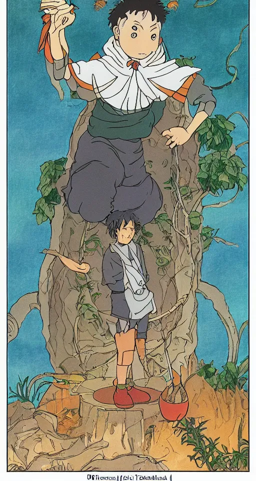 Image similar to the fool tarot card as drawn by studio ghibli, whole card, white frame, concept art