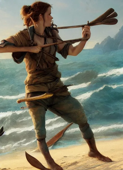 Prompt: hyper realistic photo of prehistoric fisher emma watson with a harpoon in her hand, full body, rule of thirds, conceptart, saturated colors, cinematic, greg rutkowski, brom, james gurney, mignola, craig mullins, artstation, cgsociety