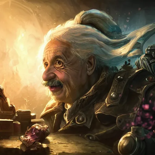 Image similar to albert einstein as an alchemist, mixing potions, league of legends amazing splashscreen artwork, gears of war, splash art, natural light, elegant, photorealistic facial features, intricate, fantasy, detailed face, atmospheric lighting, anamorphic lens flare, cinematic lighting, league of legends splash art, hd wallpaper, ultra high details by greg rutkowski