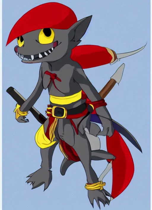 Prompt: anime grey and red kobold swashbuckler with yellow eyes and small wings, full body, anime style, anime