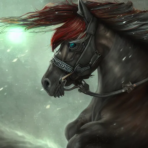Image similar to epic digital painting of a warrior on a battle horse, eyes glowing, fantasy, sharp focus, highly detailed, cinematic