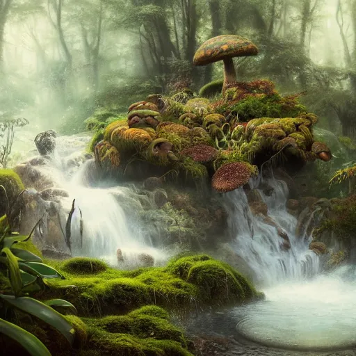 Image similar to tom bagshaw, soft painting render curiosities pond vegetation rocks gigantic mushrooms covered moss scintillating, beautiful waterfall, accurate features, focus, very intricate ultrafine details, random volumetric lighting, dense fog, award winning masterpiece, octane render 8 k hd, artstation