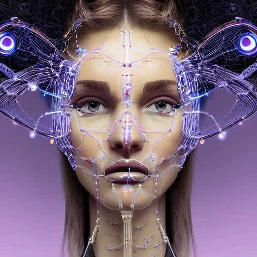 Prompt: very beautiful woman integrating with technology, full face frontal centered, portrait, insipiring, detailed intricate symmetrical ornate neon cables connected to head, very detailed eyes, clear lips, luxurious detailed abundent wiring and implants, porcelain, renaissance, sci - fi, detailed technology background with cyber flowers and insects, dramatic lighting, photography, highly detailed, artstation, 8 k,