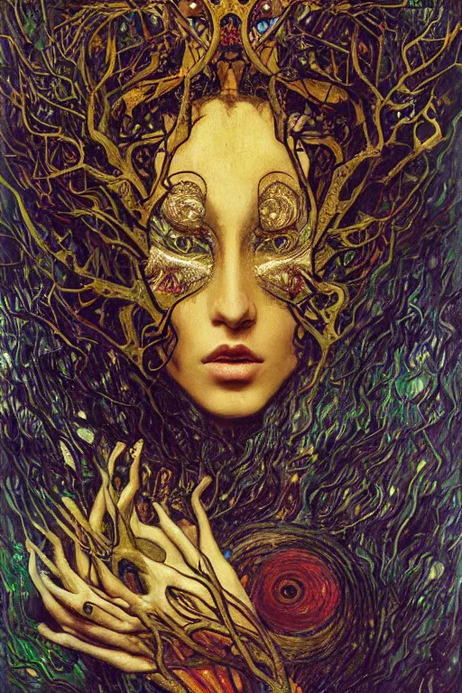 Image similar to Heart of Thorns by Karol Bak, Jean Deville, Gustav Klimt, and Vincent Van Gogh, Surreality, otherworldly, enigma, Helliquary, fractal structures, celestial, arcane, ornate gilded medieval icon, third eye, spirals, rich deep moody colors