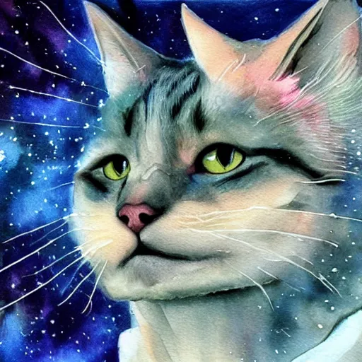 Image similar to cat, virus, antibodies in space. watercolor. amazing painting. high resolution. highly realistic. cool tones. close - up. 8 k. trending on artstation.