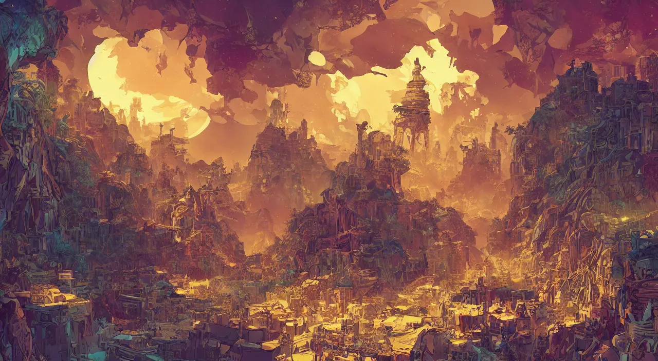 Image similar to vector wonderland bazaar zouk old egypt sky shine epic fantasy painting photoshop that looks like it is from borderlands and by feng zhu and loish and laurie greasley, victo ngai, andreas rocha, john harris