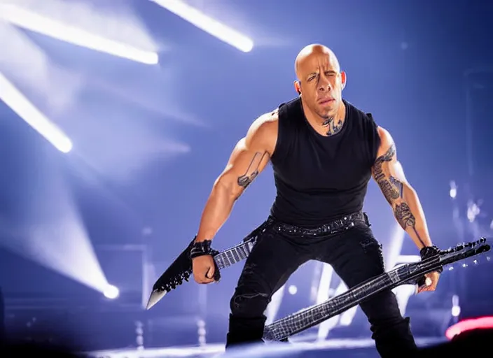 Prompt: publicity photo still of vin diesel in metallica live on stage, 8 k, live concert lighting, mid shot