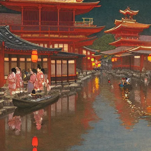 Prompt: a beautiful painting of the lantern festival in old kyoto, by james gurney, donato giancola, and john williams waterhouse