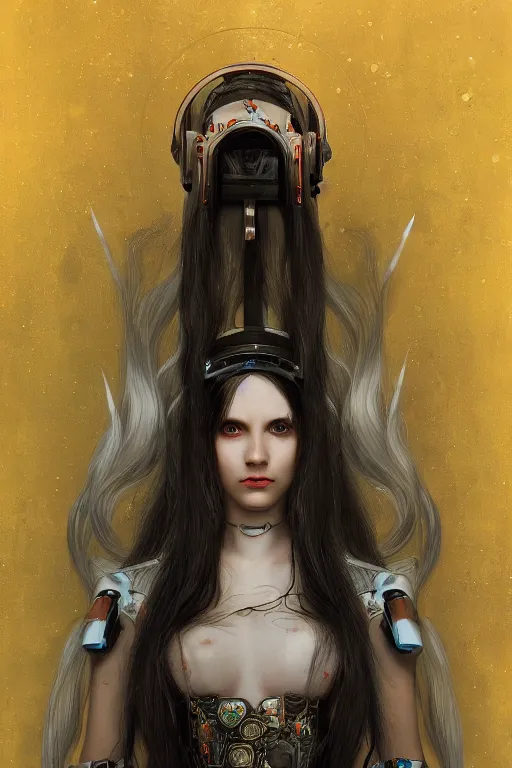 Prompt: portrait of beautiful young elf maiden with white hairs, cyberpunk, Warhammer, highly detailed, artstation, illustration, art by Gustav Klimt