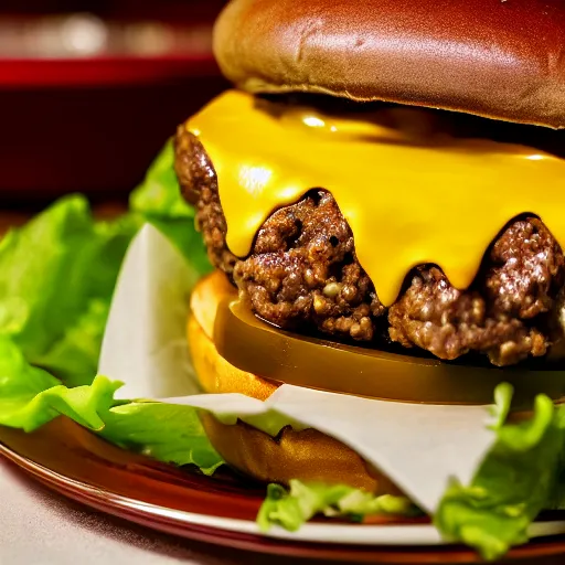 Prompt: Delicious cheeseburger, close up
