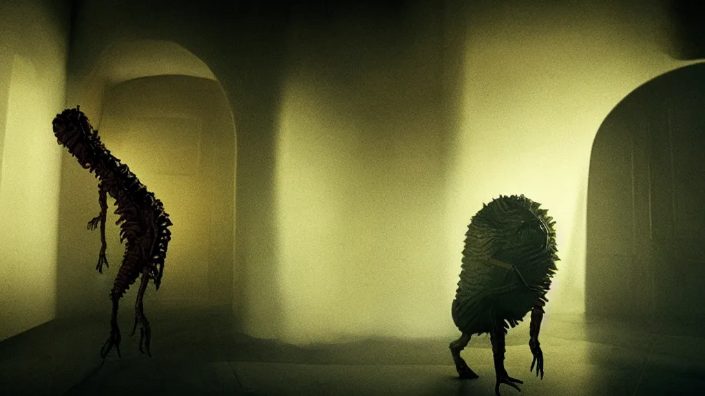 Image similar to the creature that told me when to die, film still from the movie directed by Denis Villeneuve with art direction by Salvador Dalí, wide lens