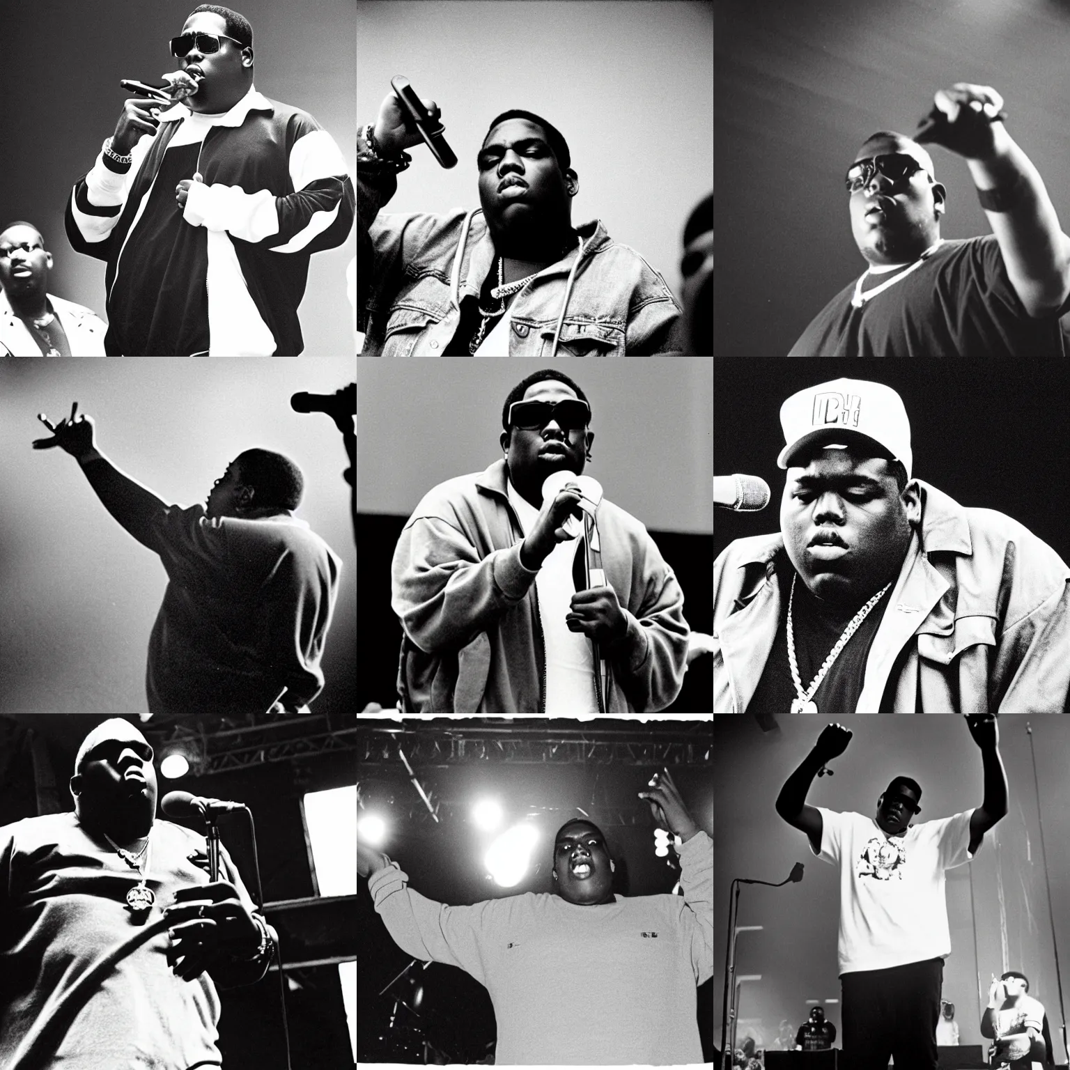 Prompt: photograph, half body shot, portrait of the notorious b. i. g. rapping in brooklin, concert, 1 9 9 3