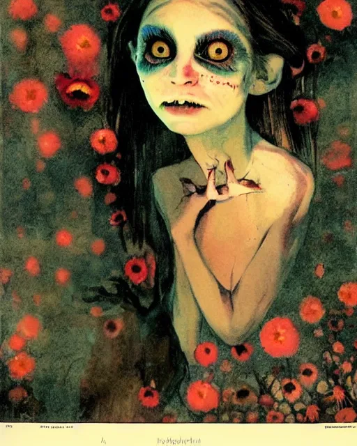 Prompt: a pretty but sinister and creepy goblin in layers of fear, with haunted eyes, violence in her eyes, 1 9 7 0 s, seventies, delicate embellishments, a little blood, woodland, blue dawn light shining on wildflowers, painterly, offset printing technique, by robert henri