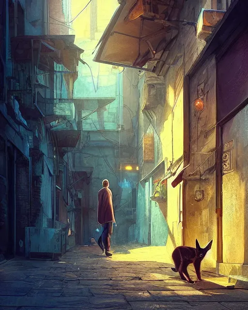 Prompt: a cute caracal thinking about meaning of life in an alleyway, adventure, nightfall. Quiet, serene, calm night. Digital illustration, very vibrant colors, soft lighting, atmospheric lighting, 8K, octane render. By Makoto Shinkai, Stanley Artgerm Lau, WLOP, Rossdraws, warriors fan art, James Jean, Andrei Riabovitchev, Marc Simonetti, krenz cushart, Sakimichan, D&D trending on ArtStation, digital art.