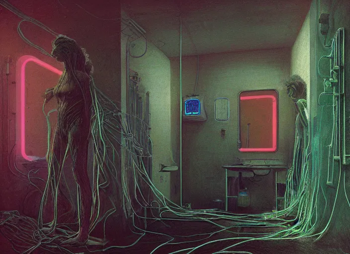 Prompt: A bathroom, neon, RGB, glowing wires everywhere, decay, by Edgar Maxence and Ross Tran, Zdzisław Beksiński, and Michael Whelan, distant, gustav dore, H.R. Giger, 8k, octane render