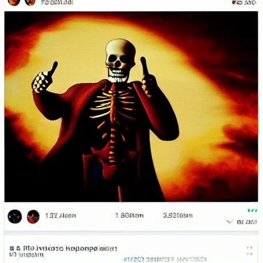 Prompt: beautiful portrait of skeleton with thumbs up, nuclear explosion in the background, trending on Artstation