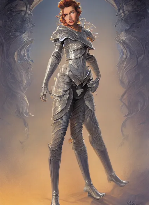 Prompt: beautiful female dorothy gale, rebecca romijn as dorothy, full body character concept, covered in full beautiful silver armor, art nouveau, super powers, fantasy, intricate, elegant, highly detailed, digital painting, artstation, concept art, shining, sharp focus, illustration, art by stanley lau