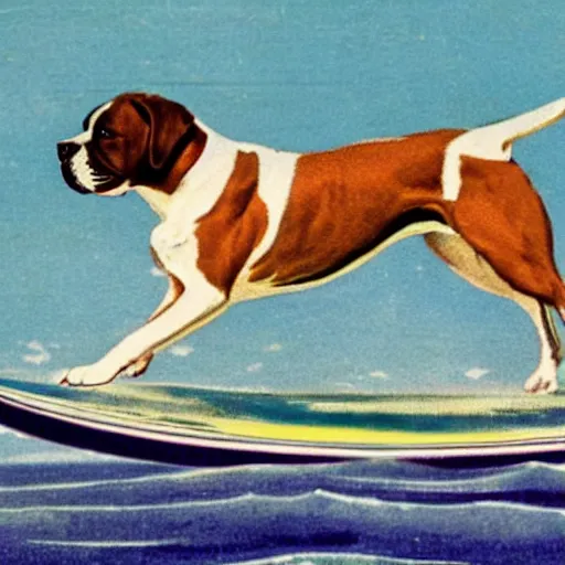 Prompt: staffordshire terrier boxer mix, riding a surfboard, as a vintage hawaiian postcard