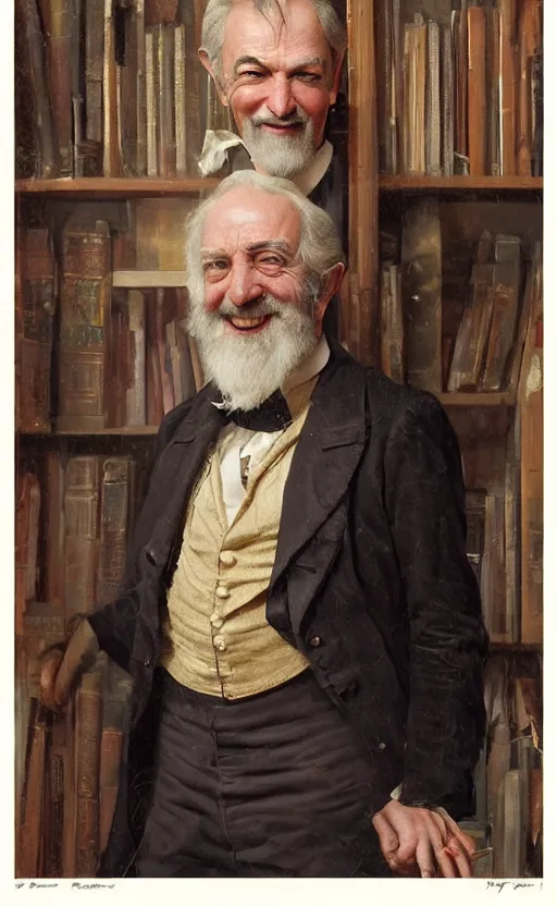 Image similar to official portrait of a happy victorian gentleman in front of a bookcase, male, cheerful, detailed face, 19th century, highly detailed, cinematic lighting, digital art painting by greg rutkowski