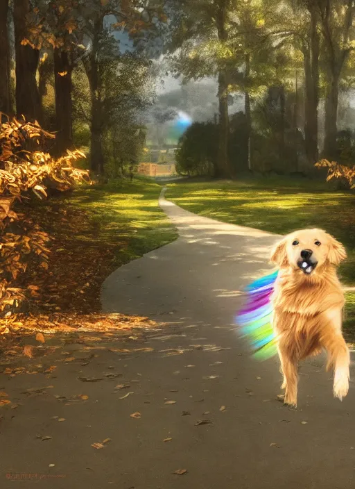 Image similar to a singular beautiful smiling dog running happily towards its owner, ethereal heavenly rainbow bridge in the background behind the dog, hyperreal, hyperdetailed, golden retriever, tall golden heavenly gates, amazing, stunning artwork, featured on artstation, cgosciety, behance