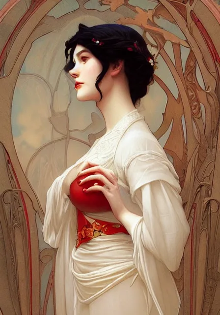 Image similar to snow white, intricate, elegant, highly detailed, digital painting, artstation, concept art, smooth, sharp focus, illustration, art by artgerm and greg rutkowski and alphonse mucha and william - adolphe bouguereau