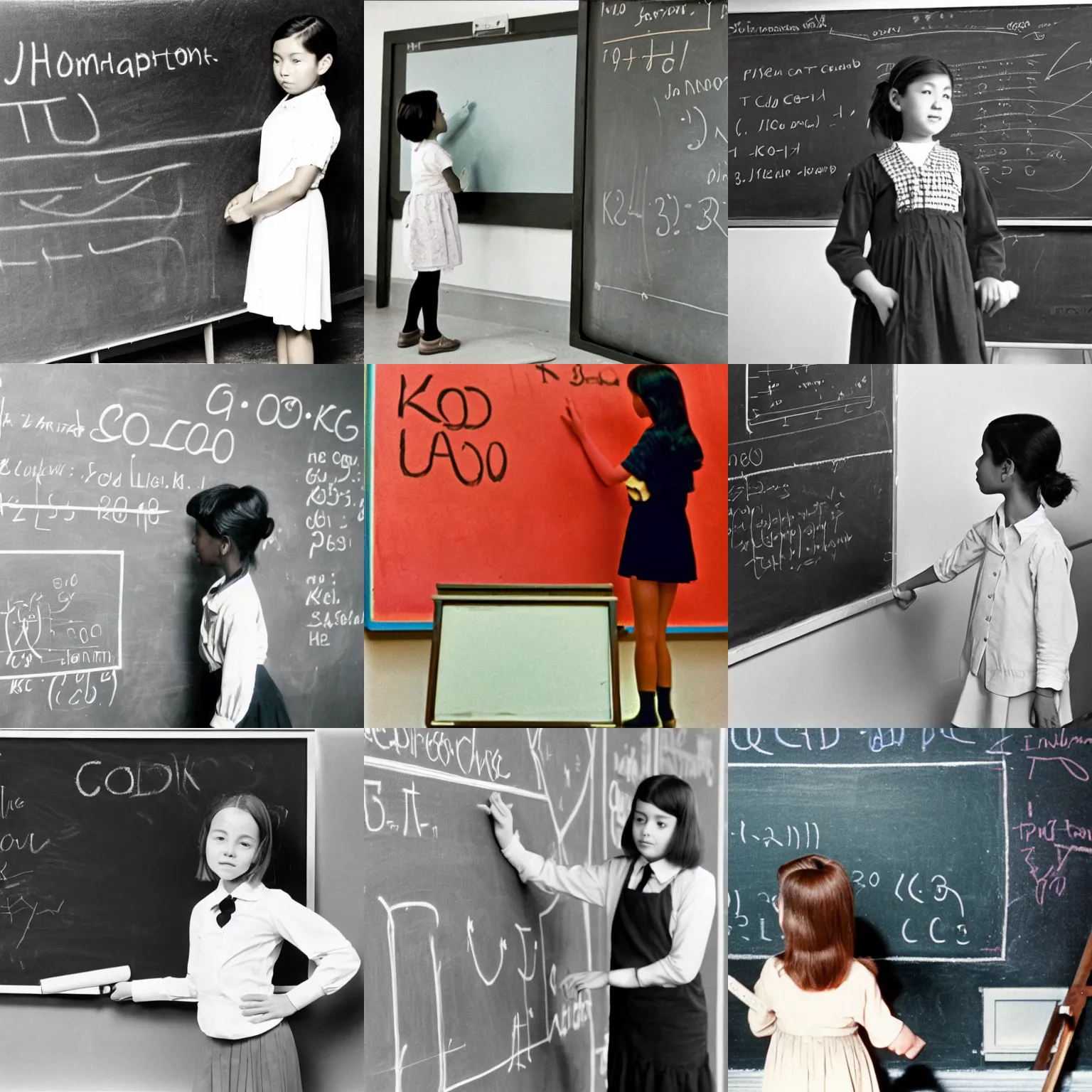 Prompt: photograph of a female child prodigy teaching at a college, standing in front of a chalk board, 1 9 7 0, kodachrome,