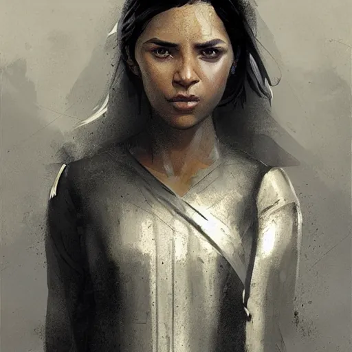 Image similar to a medieval spy from sri lanka, female, black clothes, clever and hopeful, out for revenge, sci fi character portrait by Greg Rutkowski, Craig Mullins